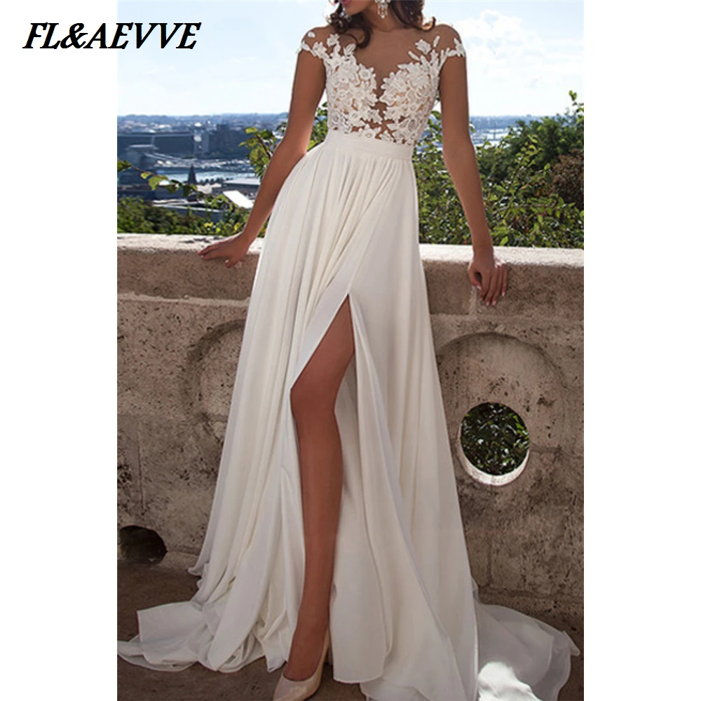 

2019 Chiffon Wedding Dresses White Sexy Lace V Neck Split Sweep Train Backless Bridal Dress Vestido De Noiva