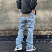 Pantalones vaqueros Harajuku para hombre, Jeans con bordado de letras, tobilleros, Retro, rectos, holgados, de gran tamaño, estilo Hip Hop