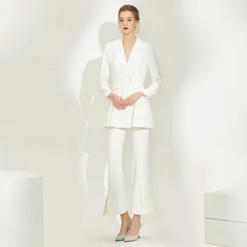 

[EWQ] 2020 Spring Summer New Arrivals Turn-down Collar White Patchwork Fold Coat And Wide Leg Pants Casual Two Piece SetAW159