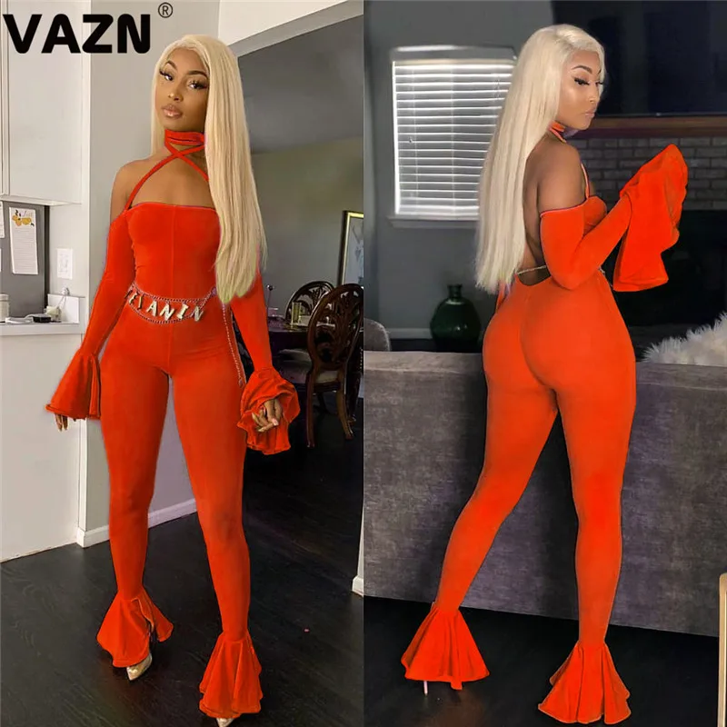 VAZN YH5105, новинка, открытые, специальные, сексуальные, вечерние, стильные, без бретелек, одноцветные, полный рукав, открытая спина, эластичные, женские, длинные, облегающие комбинезоны