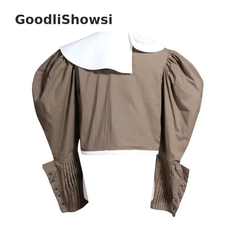 GoodliShowsi, весна, Ретро стиль, пышная Блузка цвета хаки, необычная, Круглый ворот, модная, английский стиль, женская короткая рубашка