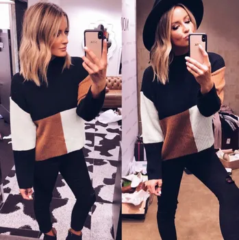 

Women's 2018 autumn and winter color matching stitching long-sleeved sweater women's sweater