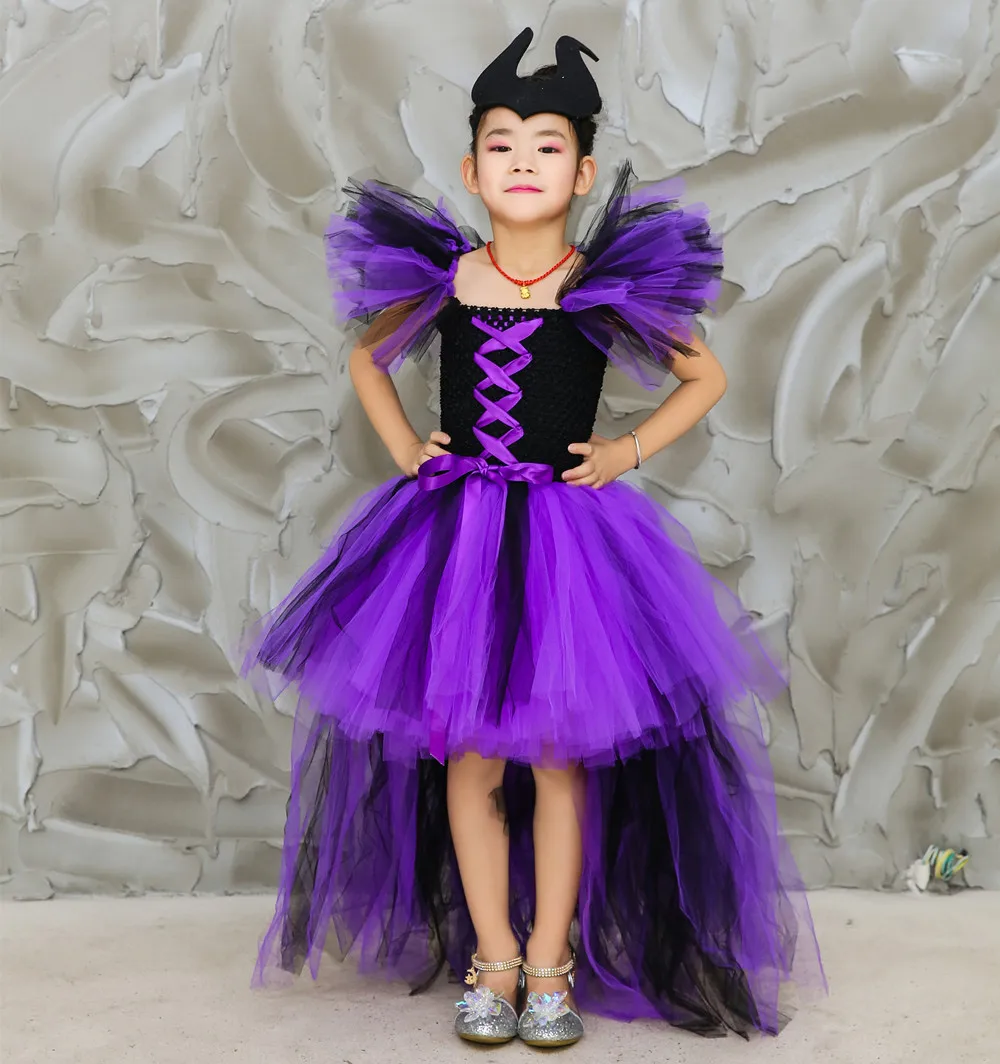 Maleficent of evil queen/платье-пачка для девочек с рожками, красные, фиолетовые платья ведьмы на Хэллоуин, костюм для костюмированной вечеринки для девочек