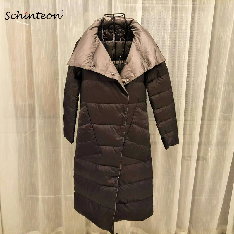 Schinteon женский ультра легкий пуховик Двусторонняя одежда 90% белый утиный пух легкое длинное пальто воротник стойка верхняя одежда