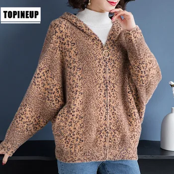 

Women new fashion spring women loose short soft comfortable warm faux mink velvet leopard hooded cardigan coat