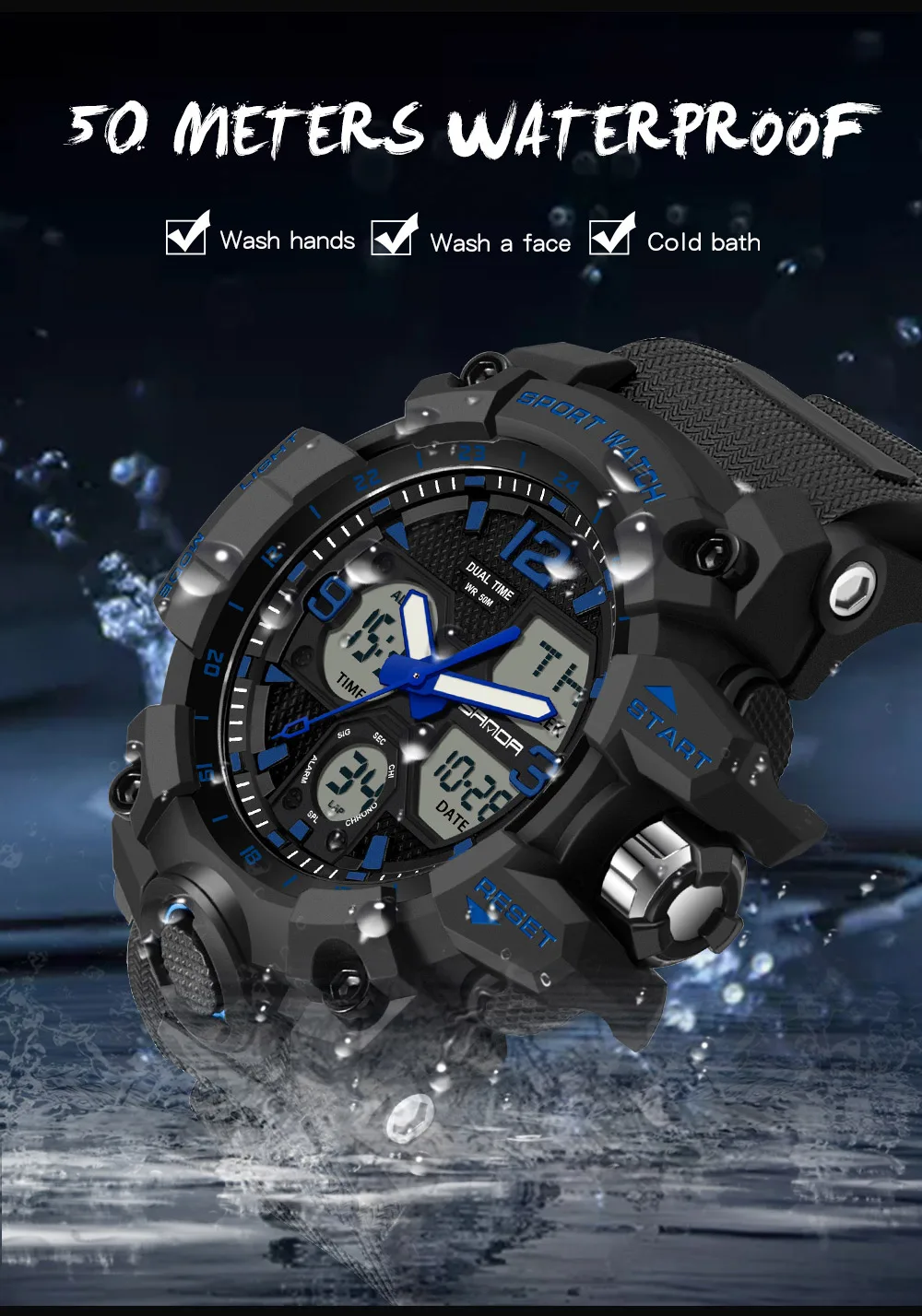 SANDA New Fashion Sport Military Men's Wrist Watch Digital Quartz Dual Display Watches Waterproof Casual Watch for Male 6030