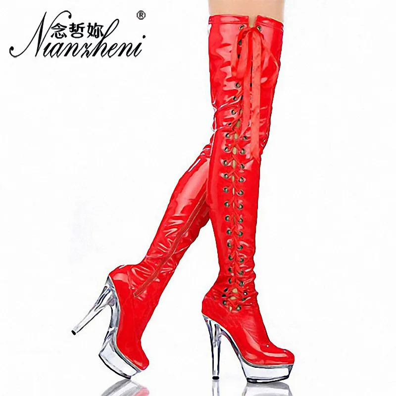 15cm platform Black sexy before wearing ribbons superfine high with knee-high boots sexy Pole Dance shoes 6 inches Crossdresser