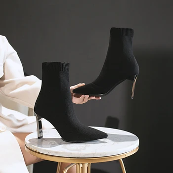 

Sock Boots Women Fashion 2019 High Heel Shoes Sexy Ankle Booties Black Slip Thin Heels Shoes Woman Ladies Party Boot
