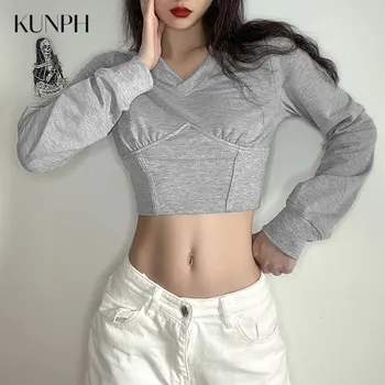 

Long sleeve t-shirts Women Casual Solid color Crop top Sexy V-neck Short t shirt Fashion Slim tops Ladies clothes