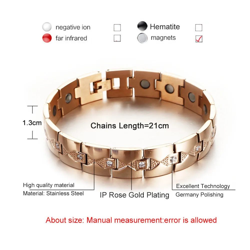 NHGBFT розовое золото цвет нержавеющая сталь магнитная энергия Количество Браслет для женщин мужские лечение здоровый CZ браслет