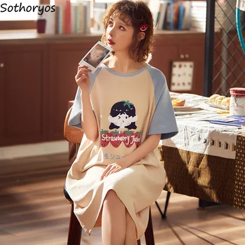 

Nightgowns Women Short Sleeve Plus Size 2XL O-neck Thin Breathable Pocket Womens Korean Style Kawaii Leisure Sleepwear Home Wear