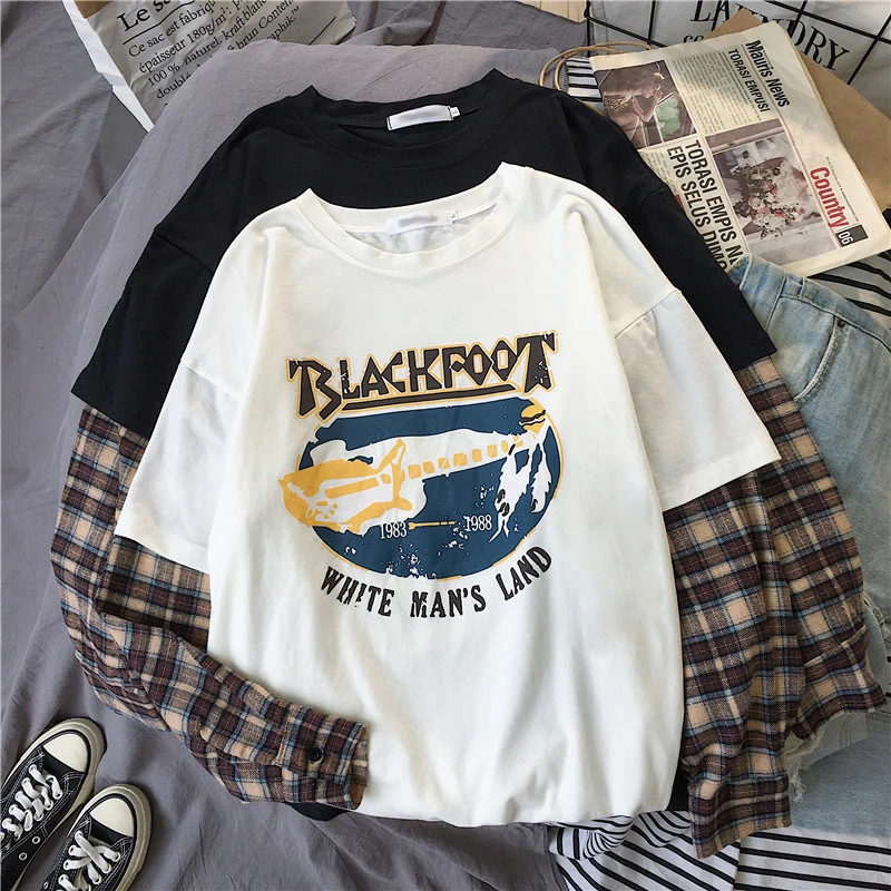 Korean Simple oversized graphic tees Women shirts harajuku Long Sleeve tshirt Leisure Plaid patchwork t shirt white black tops