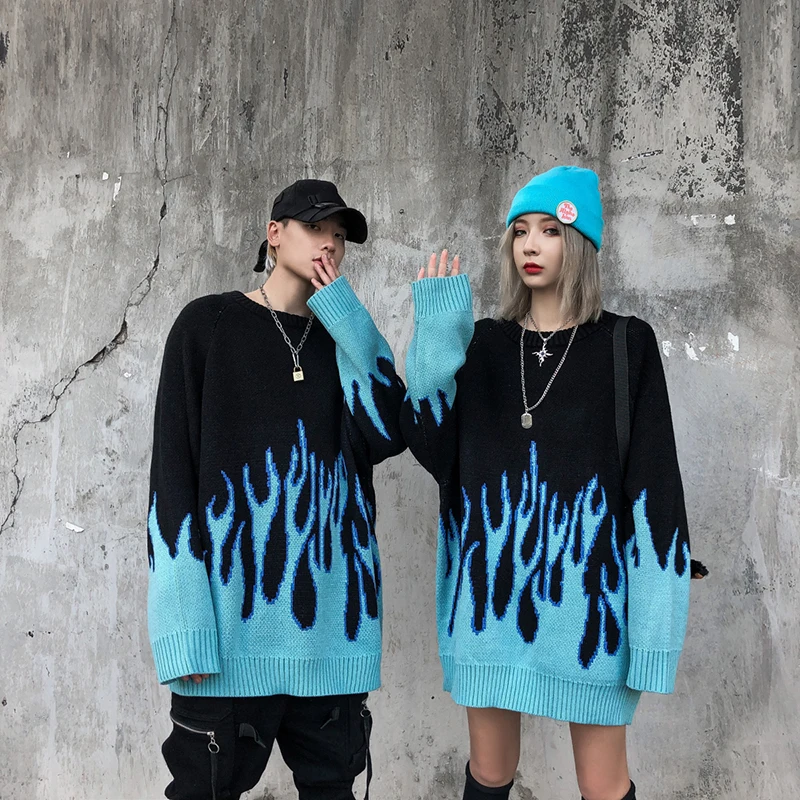New Hip Hop O-Neck Mens Sweater Color Bloack Branches Print Couple Sweaters Oversize Pullover Loose High Street Harajuku Clothes 1