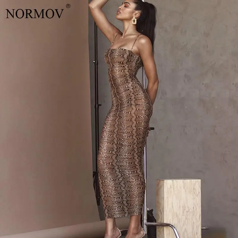 NORMOV Leopard Print Bodycon Maxi Dress 