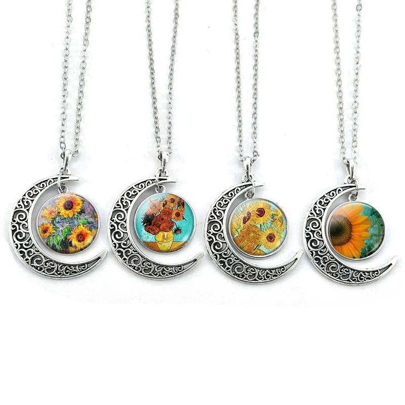 

"You Are My Sunshine" Van Gogh Sunflower Necklace Vintage Jewelry Crescent Moon Necklace Art Glass Cabochon Fashion Accessories