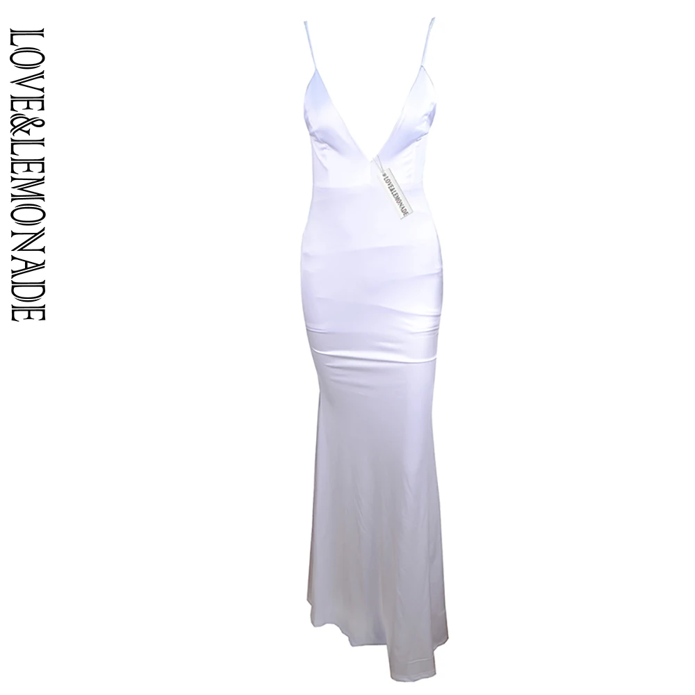 Белое длинное платье LOVE &amp LEMONADE с треугольным вырезом и лямкой на шее TB 8793 |