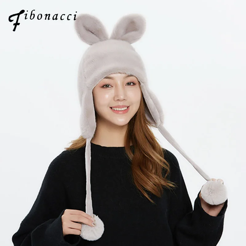 

Fibonacci 2019 New Lmitation Rabbit Fur Soft Warm Animal Rabbit Hats Ears Stage Role Play Plush Cap Beanies For Women Adult Hat