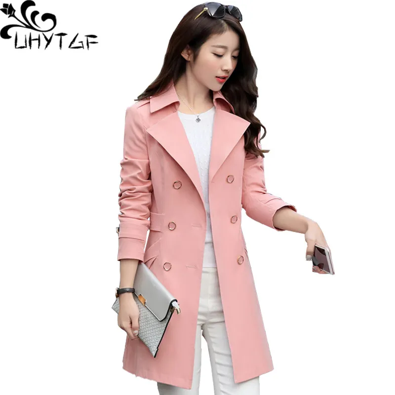 UHYTGF Autumn Trench Coat For Women Double Breasted Slim Outerwear Long