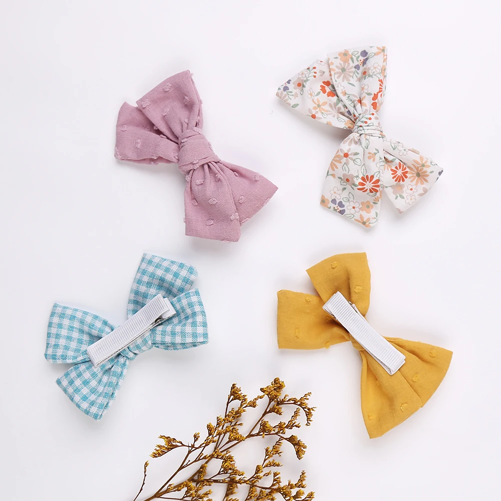 4Pcs/set Leopard Dot Print Bowknot Hair Bow Clips Baby Girls Lace Cotton Linen Barrettes Safety Hairpins Headwear Accessories