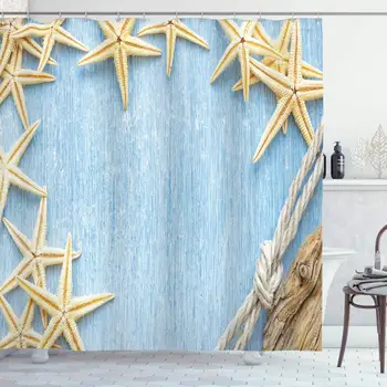 

Seashells Shower Curtain, Seashells Rope Maritime Beach Theme Shellfish Wooden Board Romance Vintage, Cloth Fabric Bathroom