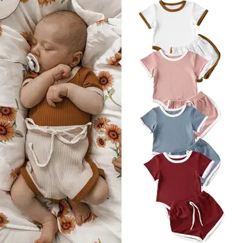 

AA Summer Toddler Girls Boys Clothes Tracksuit Solid Color Short Sleeve Romper Tops+Shorts Pants Two Piece Set Baby Clothing