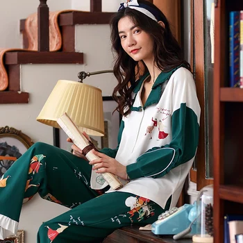 

Cotton Sleepwear Female Striped Long Sleeve Shirts And Pants Homewear Casual Turn-down Collar Spring Pajama Set