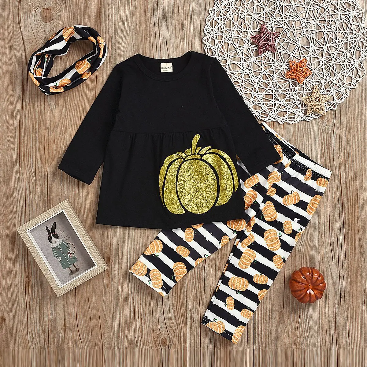 Thanksgiving Toddler Girls Outfits Pumpkin Dress Stripe Pants Children's Clothing Halloween Costume Kids Baby Girls Clothes Set