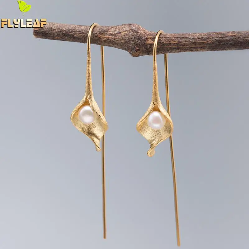 

Flyleaf Nature Freshwater Pearls Earings Fashion Jewelry Gold Drop Earrings For Women Real 925 Sterling Silver Fine Jewelry