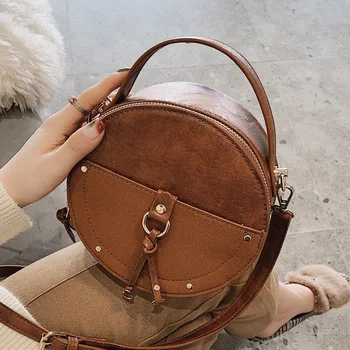 

Vintage Scrub Leather Round Designer Crossbody Bag For Women 2020 PU Leather Shoulder Bags Ladies Small Handbags Tote Bag