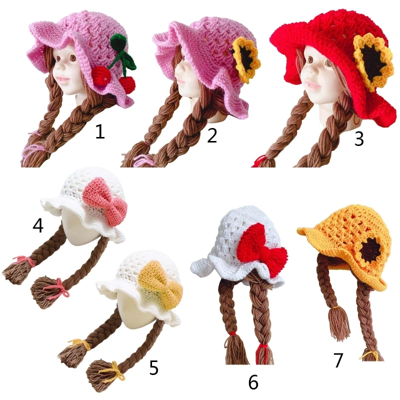 

Cute Idyllic Handmade Knitted Baby Girl Twist Braid Hat Infant Wigs Brades Kid Crochet Caps with Plaits Photography Prop