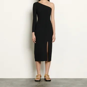 

2020 Women Black Evening Dress One Shoulder New Spring Summer Knit Elegant Slim Split Off Shoulder Long Dresses For Party