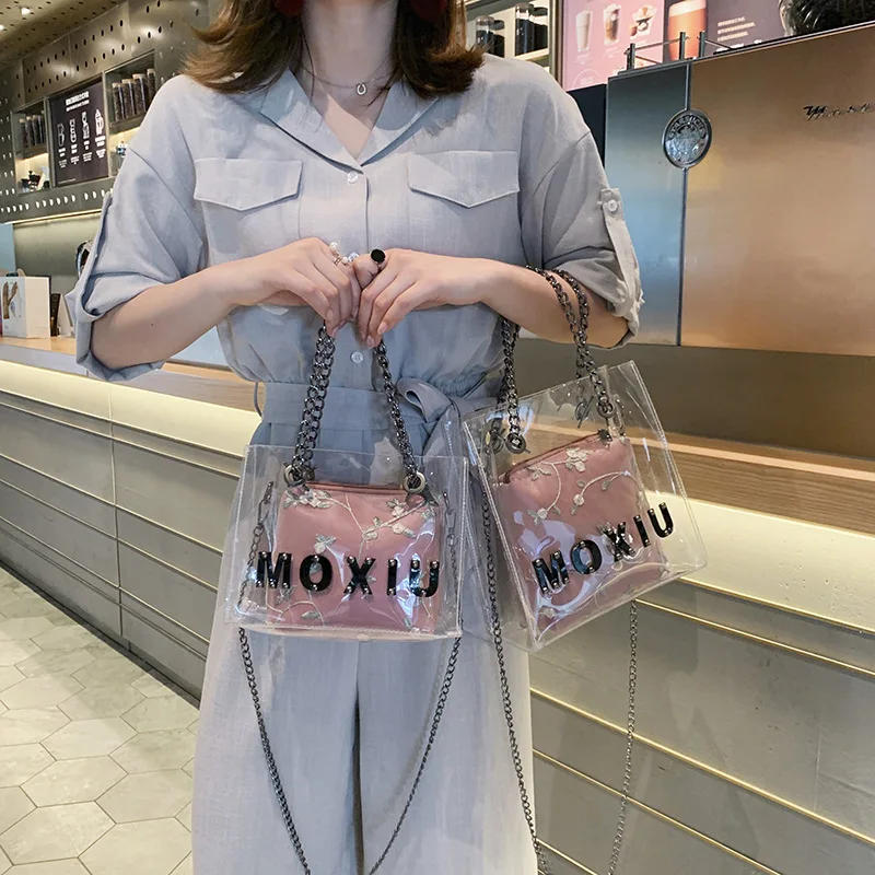 

Summer 2019 new ins (horizontal and vertical) jelly bag transparent small square bag girls shoulder bag chain bag