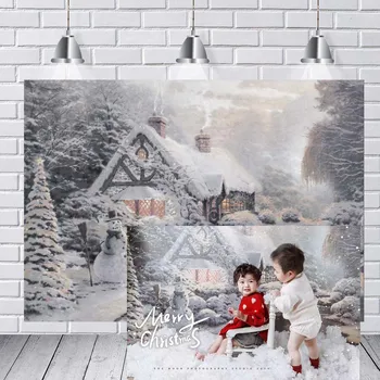 

Christmas Backdrop Children's Tree White Snow New Year Family Decoration Snowflake Photo Studio Background Brick Fireplace