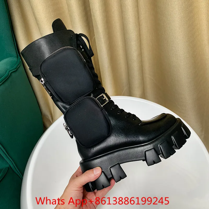 Черные военные ботинки с карманами; женские армейские ботинки со шнуровкой и ремешком; кожаная обувь на платформе; botas Mujer; зимние женские ботинки