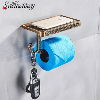 

Black Antique Brass Bathroom TissueHolder Space Aluminum Antique Roll Paper Holder With Shelf Toilet Paper Mounted Paper Rack