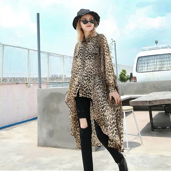 

New Spring Summer Lapel Long Sleeve Back Long Loose Big Size Shirt Women Leopard Print Chiffon Shirt Thin Loose Shirts