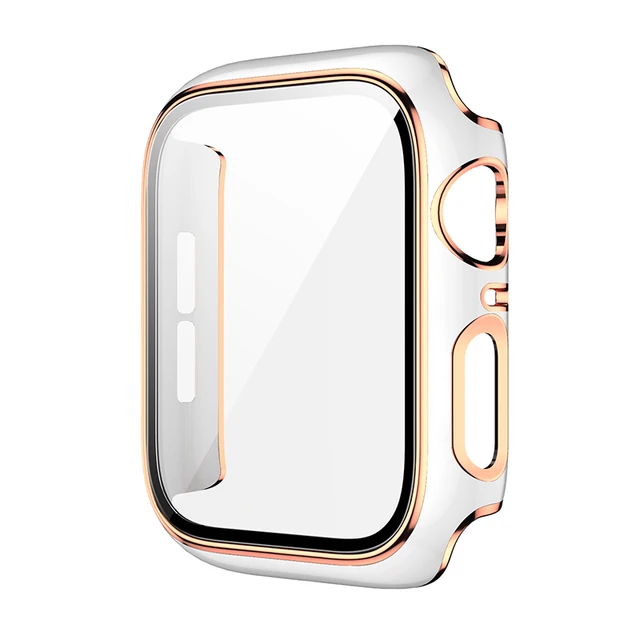 360 Full Screen Protector Bumper Frame Matte Hard Case For Apple Watch 38/40/42/44mm Cover Tempered Glass Film IWatch 6/SE/5/4/3 White rose gold