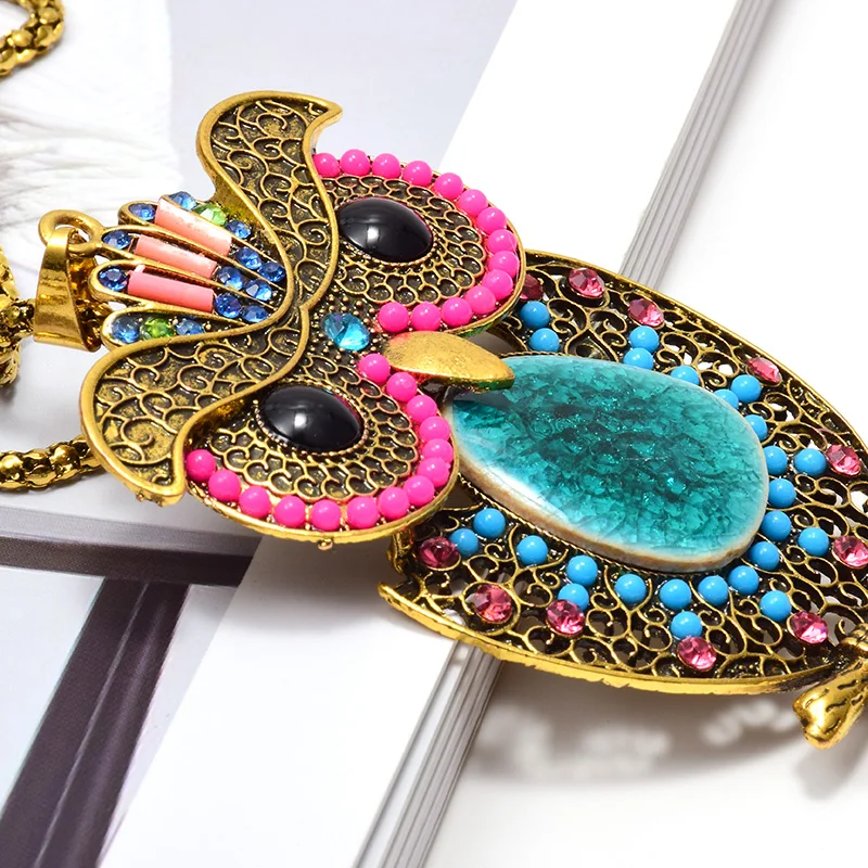 Богемные винтажные золотые металлические красочные стразы ожерелья в форме Совы Изящные Кристаллы ювелирные изделия Аксессуары для женщин