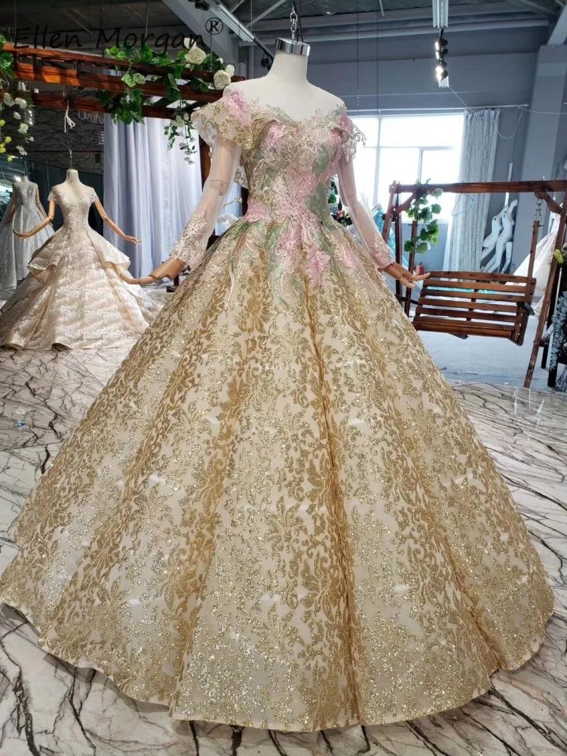 Arabic Bestidos De Gala Glitter Gold Prom Dresses Long Sleeve Boat Neck Floor Length African Black Girls Pageant Ball Gowns
