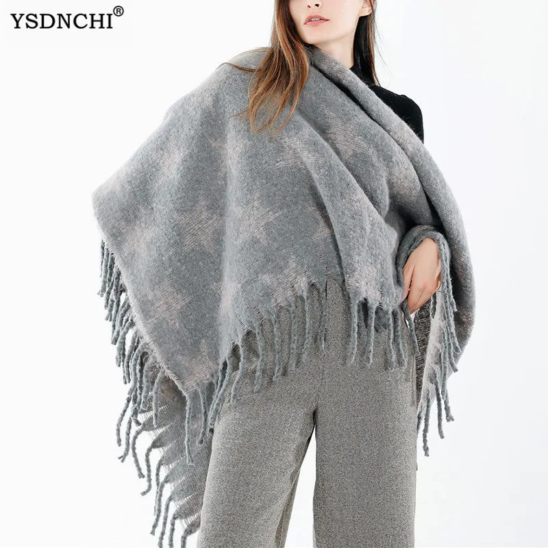 

YSDNCHI Cashmere shawls Winter Wraps Warm Neck Pashmina Star Black Square Wide Women Scarf Tassel Long Outdoor Fashion Scarves