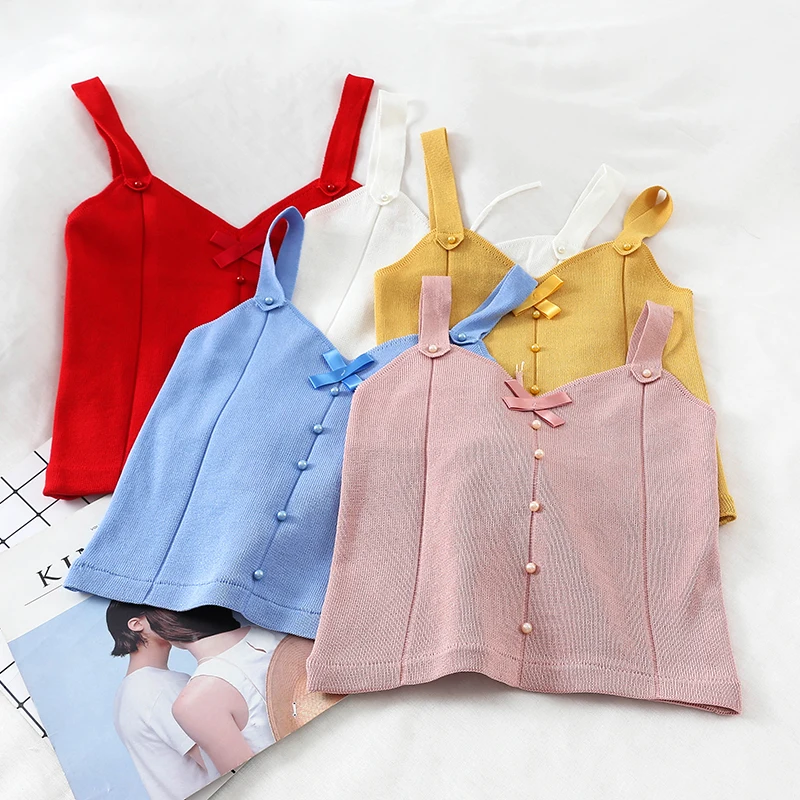

Pearl Diary Summer Women Strappy Knit Tops Pearl Buttons Front V Neck Bow Sweet Knitting Crop Top Lace Up Back топ женский Camis