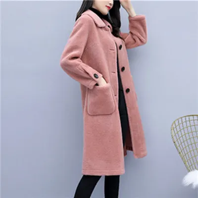 New Lamb Wool Fur Coat Women Winter Fashion Warm Medium-long Loose Lamb coat Faux - Цвет: as picture shows