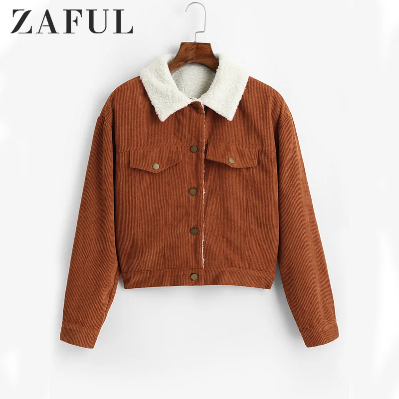 ZAFUL пушистая Вельветовая куртка для женщин зимняя толстая подкладка пальто парки подкладка из искусственного меха куртки бомбер Милая верхняя одежда Теплые Топы