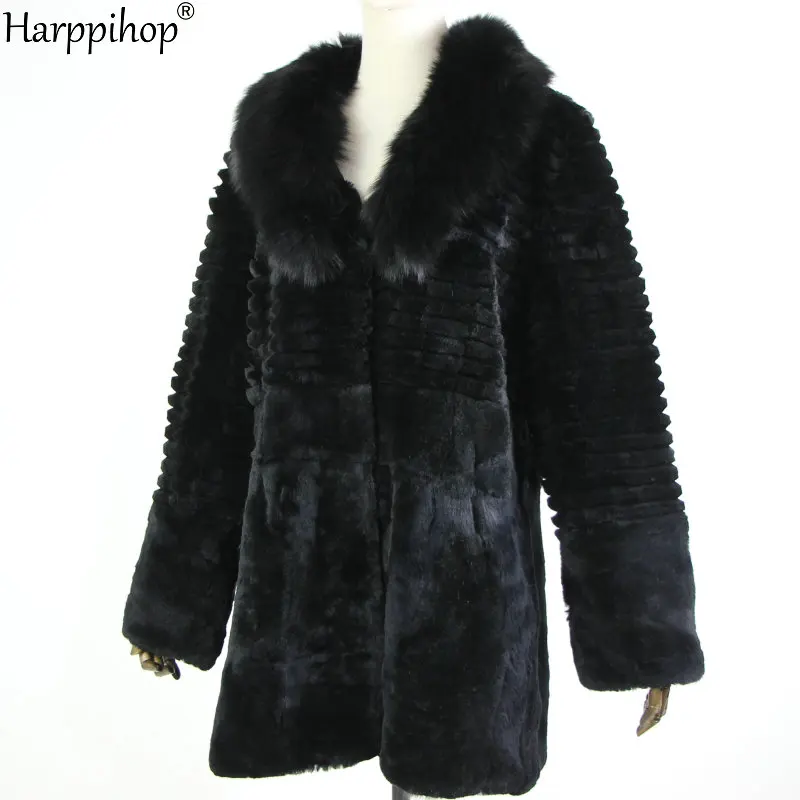 Женское меховое пальто с воротником из натурального Лисьего меха, длинное пальто в полоску, натуральный кроличий мех, куртка от производителя,, OEM мех - Color: Black