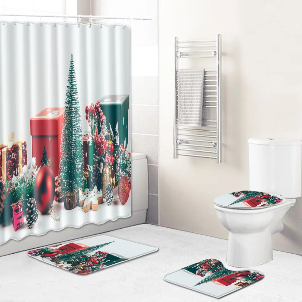 Рождественский набор из 4 предметов для ванных и туалетных комнат, занавеска для душа, чехол для унитаза, водопоглощающие дверные коврики, домашние коврики, нескользящий коврик