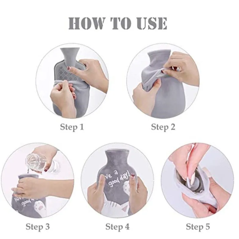 350ML Safe Hot Water Bottle Cat Soft Warm Winter Portable Reusable Protective with Plush Cover Washable Leak Proof Pain Relief