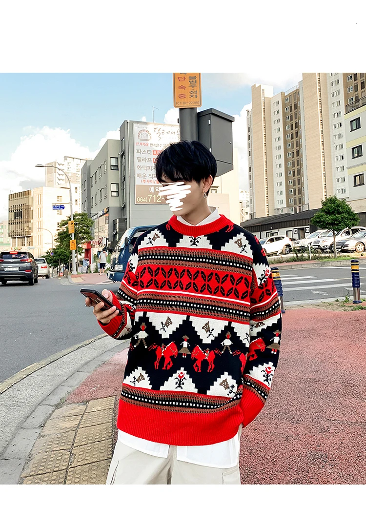 Winter Men's Red Blue Yellow Color Loose Pullover Round Neck Printing Knitting Keep Warm Man Sweater High-quality Coat M-2XL