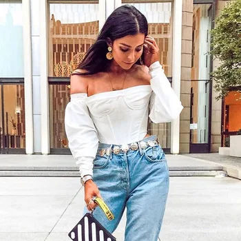 

Womens Off Shoulder Crop Tops Long Sleeve Blouse Jumper Top Solid White Sexy Long Sleeve Polyester Fashion Summer Autumn Casual