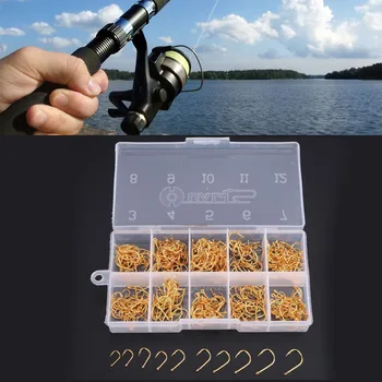 

500 Pcs/Lot Gold 10 Sizes Assorted Fishhooks Jig Lures Fishhook Tackle Box*
