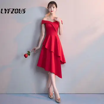 

LYFZOUS Elegant Party Dresses Women Irregular Summer Satin Dress Bodycon High Waist Ruffles Slash Neck Dress for woman